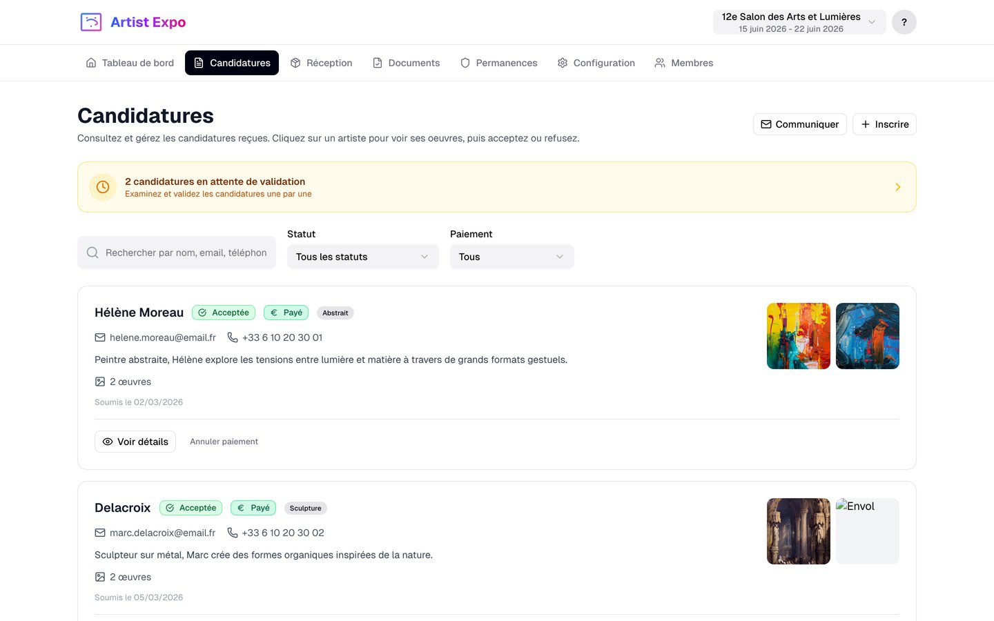 Capture d'écran — Gestion des candidatures