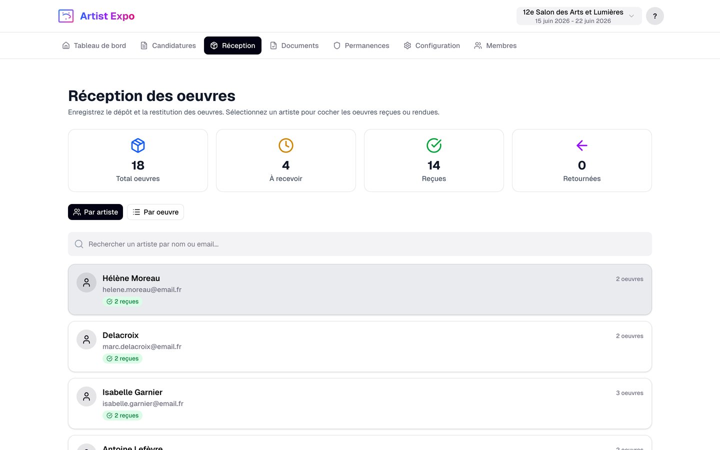 Capture d'écran — Réception des œuvres